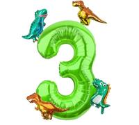Morofme Dino - Globo con números de 3, 40 pulgadas, 3 con 4 globos de dinosaurio, color verde, 3 globos con número, globos de helio con números 3, para temática de la selva, cumpleaños, aniversario