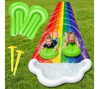 Morofme Tobogán acuático arco iris para jardín para niños, 480 x 140 cm, doble tobogán acuático con bodyboards, tobogán acuático con pulverizador de agua, para adultos, niños, exteriores, para césped