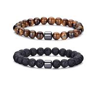 MOROTOLE Pulsera Hombre Pulsera de Cuentas de Piedra Natural de Ojo de Tigre de 8 mm Pulseras de Roca de Lava Elásticas Ajustables para Hombres Regalos para Padre Novio Hermano