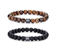 MOROTOLE Pulsera Hombre Pulsera de Cuentas de Piedra Natural de Ojo de Tigre de 8 mm Pulseras de Roca de Lava Elásticas Ajustables para Hombres Regalos para Padre Novio Hermano