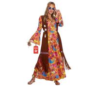Morph Disfraz Hippie Mujer, Disfraz Años 60 Halloween Mujer | Vestido Largo Paisley, Chaleco Marrón & Diadema, Estilo Flower Power, Perfecto para Halloween, Ideal para Disfrazarse