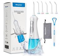 morpilot - Batería - Irrigador Dental Profesional Portátil 300ml, Irrigador Bucal Recargable Impermeable IPX7 y 3 Modos, 6 Recambios Accesorios de Irrigadores Dentales - Azul Y Blanco