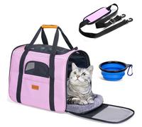 Transportín Perro Gato Rosa, Bolsa de Transporte Transpirable para Mascotas, Portador de Viaje con Correa de Hombro Ajustable, Transporte de Gato con Colchón Suave + Tazón Plegable