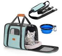 morpilot Transportín Perro Gato, Bolsa Transporte Transpirable para Mascotas, Portador de Viaje con Correa de Hombro Ajustable, Transporte de Gato con Colchón Suave+Tazón (Verde 44 x 31 x 34 cm)