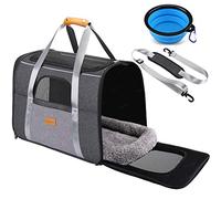 morpilot Transportín Perro Gato, Bolsa Transporte Transpirable para Mascotas, Portador de Viaje con Correa de Hombro Ajustable, Transporte de Gato con Colchón Suave+Tazón (Gris/Negro 46 x 32 x 36cm)