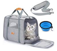 Transportín Perro Gato, Bolsa de Transporte Transpirable para Mascotas, Portador de Viaje con Correa de Hombro Ajustable, Transporte de Gato con Colchón Suave + Tazón Plegable Gris Claro (46x32x36cm)