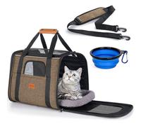 morpilot Transportín Perro Gato, Bolsa Transporte Transpirable para Mascotas, Portador de Viaje con Correa de Hombro Ajustable, Transporte de Gato con Colchón Suave+Tazón (Sepia 44 x 31 x 34 cm)