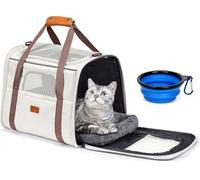 morpilot Transportín Perro Gato, Bolsa Transporte Transpirable para Mascotas, Portador de Viaje con Correa de Hombro Ajustable, Transporte de Gato con Colchón Suave+Tazón(Beige Claro 44 x 31 x 34 cm)
