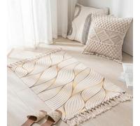 MORROWCAMP Alfombra bohemia pequeña de algodón de 58 x 88 cm con borlas, alfombra tejida lavable, alfombra suave para dormitorio, alfombra decorativa para entrada, cocina interior, ondas doradas