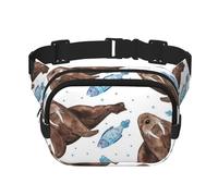 Morsa marrón en Acuarela,Riñonera Cuadrada de Doble Capa, Bolso de Viaje, Bolso Informal para el Pecho.