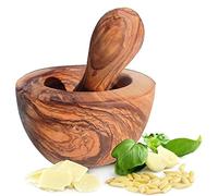 Mortero con mano de madera de olivo - Hecho a mano con borde natural, para hierbas aromáticas - Sostenible, diámetro aprox. 10 cm