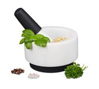 Relaxdays Mortero con Mano, Mármol, Silicona, Duradero, Macizo, Especias y Hierbas, Moledor Piedra, 14 cm Ø, Blanco