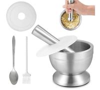 Mortero de acero inoxidable 304 con mortero, juego de mortero y mortero de 350 ml, mazo de 12 cm y cuenco para mortero con cepillo de limpieza, mortero y golpes, con tapa de polietileno y tapa de