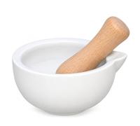 Mortero de Cerámica con Mazo de Madera, Mortero Pequeño de Cocina para Triturar Especias, Ajo, Frutos Secos y Condimentos, Compacto y Ergonómico, 13 x 12 x 6 cm