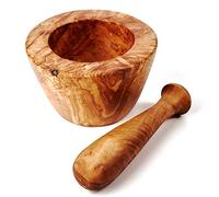 Mortero y Mano Madera de Olivo, Liso Borde 16cm Diámetro - Tonos De Marrón, 14cm +/- 5%