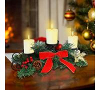 MorTime Centro de mesa para velas de Navidad, decoración de mesa de Navidad con lazo rojo, bayas, piñas, centro de mesa con base de acero para decoración navideña