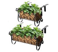 MorTime Iron Hanging Flower Rack Basket Shelf with Hooks, Railing Flower Pots Holder Black Metal Decorative Railing Shelf for Outdoor Garden Balcony Fence Patio
