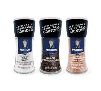 Morton Juego de molinillo de sal rosa del Himalaya (2.5 onzas) y sal marina (2.5 onzas) y pimienta negra (1.2 onzas), recargable y ajustable, multiusos (paquete de 3)