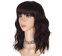 Morvally Peluca corta ondulada con flequillo para mujer, 16 pulgadas, pelo sintético natural ondulado (marrón oscuro)