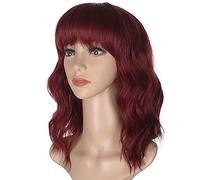 Morvally Peluca corta ondulada con flequillo para mujer, pelo sintético natural ondulado de 16 pulgadas (rojo vino)