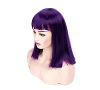 Morvally Peluca corta y recta con flequillo plano, aspecto natural, resistente al calor, para disfraz de cosplay (14 pulgadas, morado oscuro)