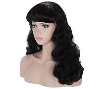 Morvally Pelucas negras vintage de los años 50 con flequillo, peluca de pelo sintético ondulado natural para mujer, cosplay, Halloween