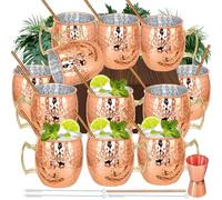 Moscow Mule - Juego de 12 tazas de cobre chapadas de cobre de 18 onzas, tazas grandes de acero inoxidable martilladas a granel con 1 medidor doble de 0.5 onzas, 12 pajitas de acero inoxidable para