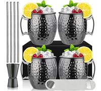 Moscow Mule - Juego de 4 tazas negras de 18 onzas, acero inoxidable, chapadas en negro plomizo, doble medidor, bebidas frías, cócteles, vasos con caja de regalo