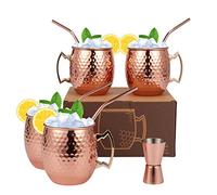 Moscow Mule - Juego de 9 tazas martilladas con 4 popotes, 1 medidor, juego de 4 tazas de regalo de bar de entretenimiento (medidor doble incluido)