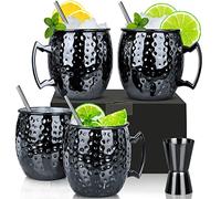 Moscow Mule Mug - Set of 4 with 1/0.5oz 30/15ml Double Jigger, Gunmetal Black Plated Stainless Steel Mug 18oz, Perfect for Cold Drink (4pcs)