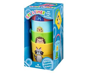 moses. 38151 - Juego de Cubos apilables para bañarse y chapotear, 4 Cubos de Colores con asa y patrón de Agujeros, Mini Cubos para Jugar en el Agua y la Arena