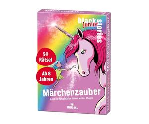 moses 90096 Black Stories Junior - Juego de 50 fabulosos Cuentos de Hadas llenos de Magia de Unicornio, Juego de Cartas con Variante de Juego y fichas de Puntos, Juego de Puzzles para niños a Partir