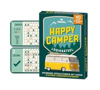 moses 92137 Happy Camper, Rompecabezas de lógica con Factor adictivo para Viajes, 40 Tarjetas Reutilizables con rotulador de Borrador, 3 Niveles de dificultad para jóvenes y Adultos, Amarillo