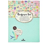 Moses Flowers & Friends - Juego de papel de carta, sobres y pegatinas de colores en una práctica carpeta de almacenamiento, utensilios para cartas amigas