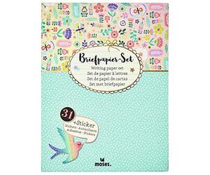 Moses Flowers & Friends - Juego de papel de carta, sobres y pegatinas de colores en una práctica carpeta de almacenamiento, utensilios para cartas amigas