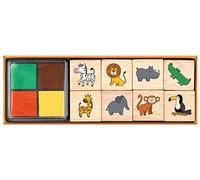 Moses Juego de sellos de animales salvajes para niños, 8 sellos diferentes de madera, juego con sellos infantiles y almohadillas de cuatro colores, en práctica caja de regalo con ventana