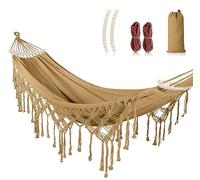 MOSFiATA Hamaca Jardin Boho, Hamaca Colgante con Flecos und Travesaño, Hamacas Tela Cómoda & Fácil de Montar, Capacidad de Carga de 250 kg