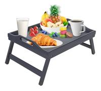 Mosii Mesa de bambú gris con asas y patas plegables, bandeja de regazo multiusos y escritorio de pie para el desayuno en la cama, sofá, comer, dibujar, soporte para portátil y bandeja de aperitivos
