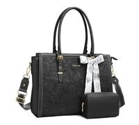 MOSISO 15,6 Pulgadas PU Maletin Portatil de Mujer, Compatible con MacBook | /HP,Dell,Asus Notebook,Frente Relieve Retro Hibiscus Oficina Ordenador Bolsa con Seda Pañuelo&Monedero,Negro