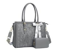 MOSISO 17,3 Pulgadas PU Maletin Portatil de Mujer, Compatible con MacBook | /HP,Dell,Asus Notebook,Frente Relieve Retro Hibiscus Oficina Ordenador Bolsa con Seda Pañuelo&Monedero,Gris
