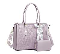 MOSISO 17,3 Pulgadas PU Maletin Portatil de Mujer, Compatible con MacBook | /HP,Dell,Asus Notebook,Frente Relieve Retro Hibiscus Oficina Ordenador Bolsa con Seda Pañuelo&Monedero,Lila Polvo