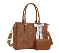 MOSISO 17,3 Pulgadas PU Maletin Portatil de Mujer, Compatible con MacBook | /HP,Dell,Asus Notebook,Frente Relieve Retro Hibiscus Oficina Ordenador Bolsa con Seda Pañuelo&Monedero,Marrón