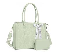 MOSISO 17,3 Pulgadas PU Maletin Portatil de Mujer, Compatible con MacBook | /HP,Dell,Asus Notebook,Frente Relieve Retro Hibiscus Oficina Ordenador Bolsa con Seda Pañuelo&Monedero,Verde Salvia
