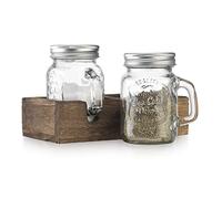 MosJos Mason Jar Salero y pimentero - Juego de dispensador de condimentos de vidrio vintage con soporte de madera - Decoración de cocina de granja, capacidad de recarga fácil de 5 onzas con tapas de