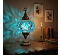 MOSLAND HOME Lámparas de mesa de mosaico turco, marroquíes, hechas a mano, lámpara de noche Tiffany y bombilla LED (estrella azul)