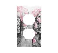 Moslion Francia París Torre Eiffel Placa de pared Cubierta de salida Lovers Kiss Pink Umbrella European Street Flower Duplex Switch Covers 1-Gang Standard Size Home Kitchen Plug Receptáculo