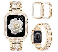 Mosonio Compatible con Apple Watch Band S10 de 46 mm con funda para mujer, pulsera de metal de repuesto de joyería con 2 fundas protectoras de policarbonato brillante para iWatch Series 10 (46 mm, oro