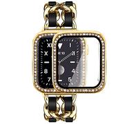 Mosonio Correa de metal compatible con Apple Watch de 40 mm con protectores de pantalla para mujer, con 2 fundas brillantes para iWatch Series SE, 6, 5, 4 (eslabones dorados con cuero negro)
