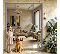Mosquitera Puertas Dobles Imanes 180x250cm Apertura central ideal para puertas dobles y grandes accesos al patio para Niños y Mascotas (Paso Fácil Seguro) Gris