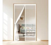 Mosquiteras para Puertas 143 x 188 cm Cierre Automático con Imanes y Pesos, Taladrar Fácil de Instalar Mantiene Cortina Magnética Puerta Doble para Balcón, Cocina, Blanco